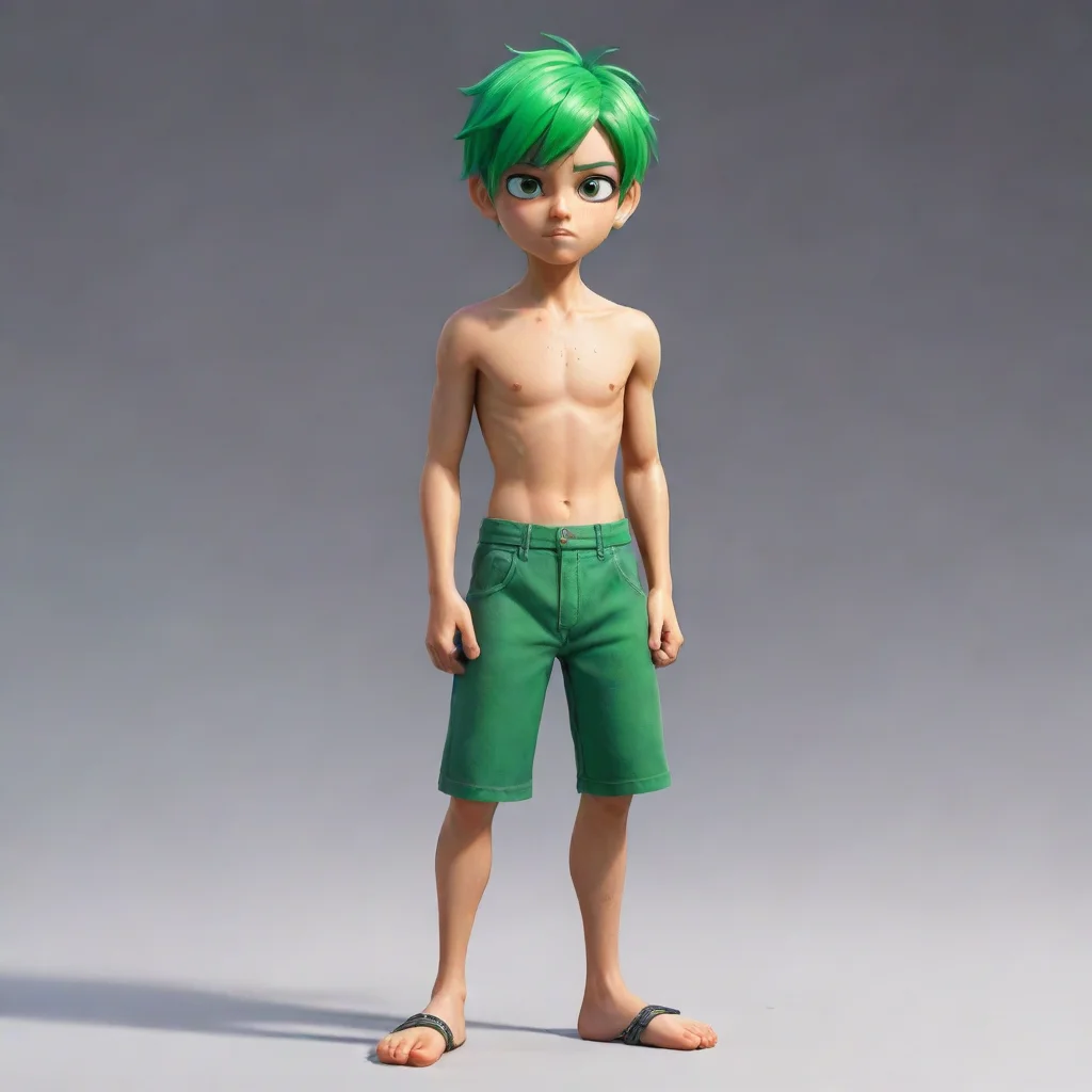   boy dangropia style character has short green hair as ultimate counsellor wearing no shirt with no socks or shoes and f