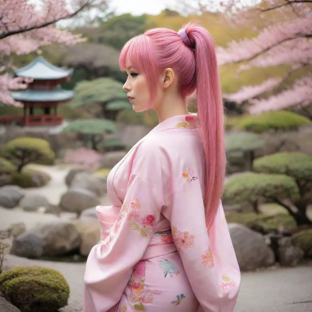 ai  chick with pink hair with a very long ponytail with fringes dressed in a very tight pink kimono in a japanese garden