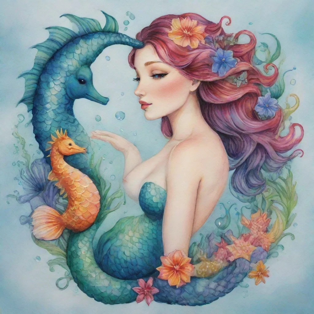   design showing the love of a mermaid and a seahorse