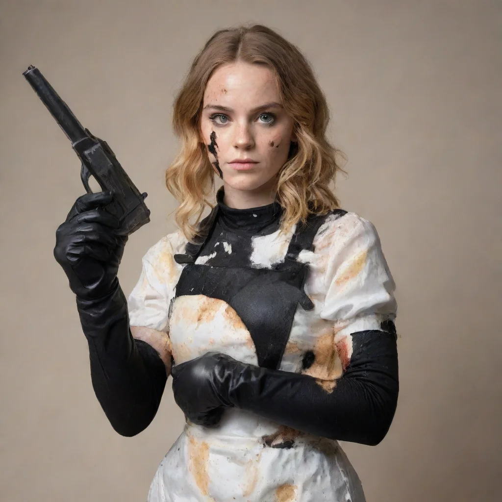   emily elizabeth howard with black gloves and gun and mayonnaise splattered everywhere 