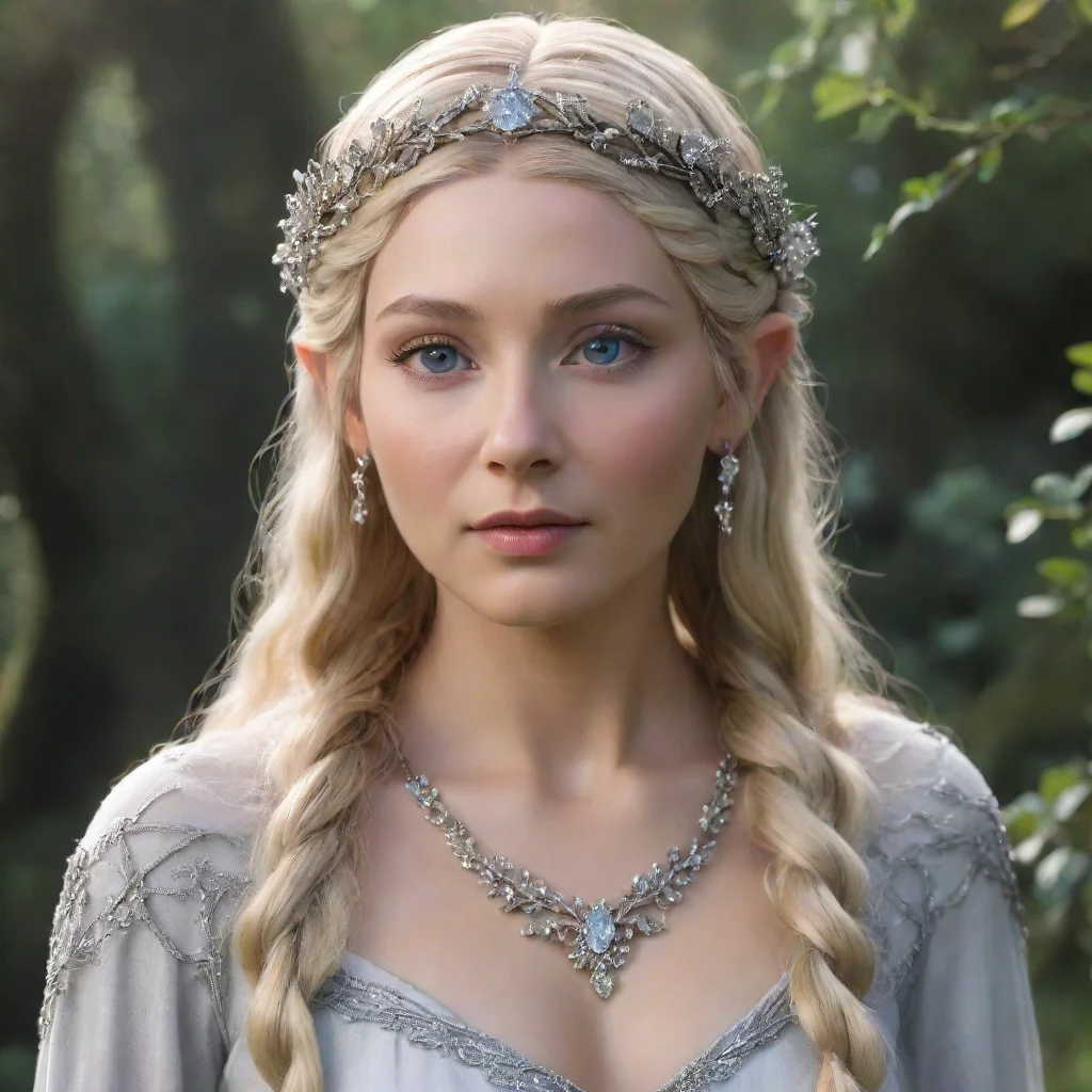   galadriel with blond hair and braids wearing silver vines encrusted with diamonds with silver flowers encrusted with di
