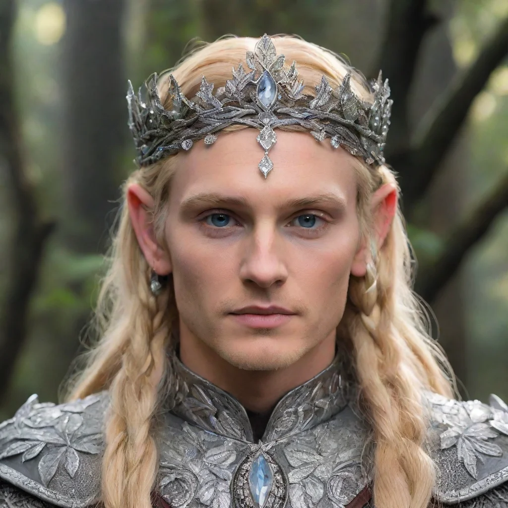   king amroth with blond hair with braids wearing silver oak leaf elvish circlet encrusted with diamonds with large cente