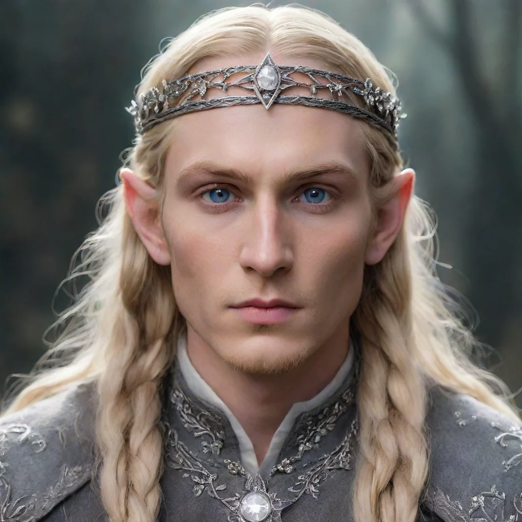 ai  king finrod with blond hair and braids wearing small silver flowers encrusted with diamonds forming a small silver elvi