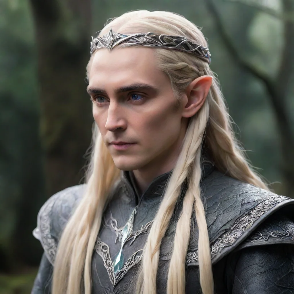ai  king thranduil with blond hair and braids wearing a small thin silver serpentine nandorin elvish circlet with large cen