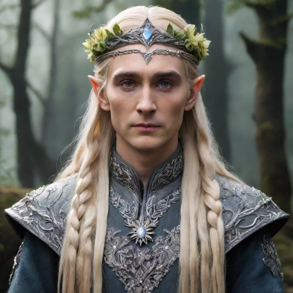   king thranduil with blond hair and braids wearing flowers encrusted with diamonds with diamond rosettes forming a silve