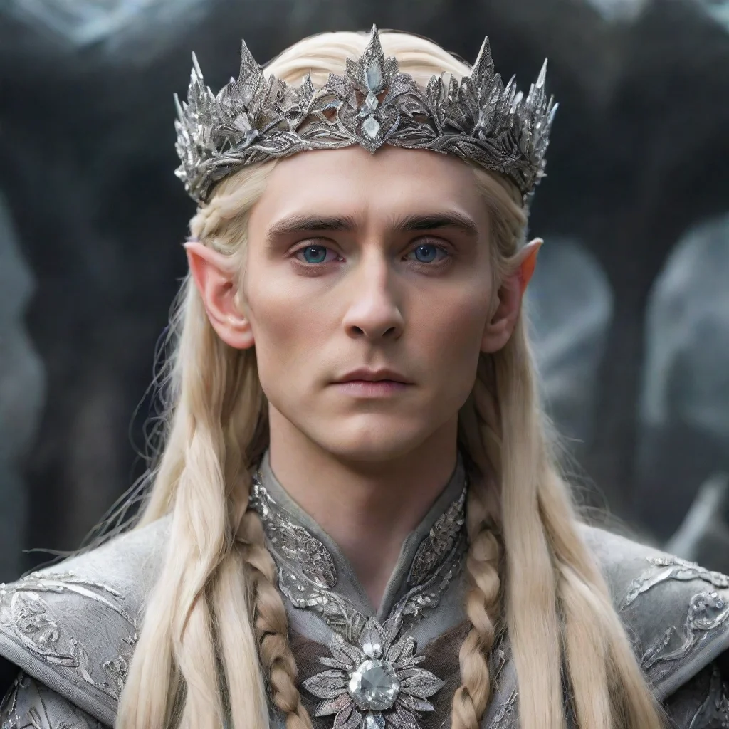 ai  king thranduil with blond hair and braids wearing silver flower circlet encrusted with diamonds and large diamond clust