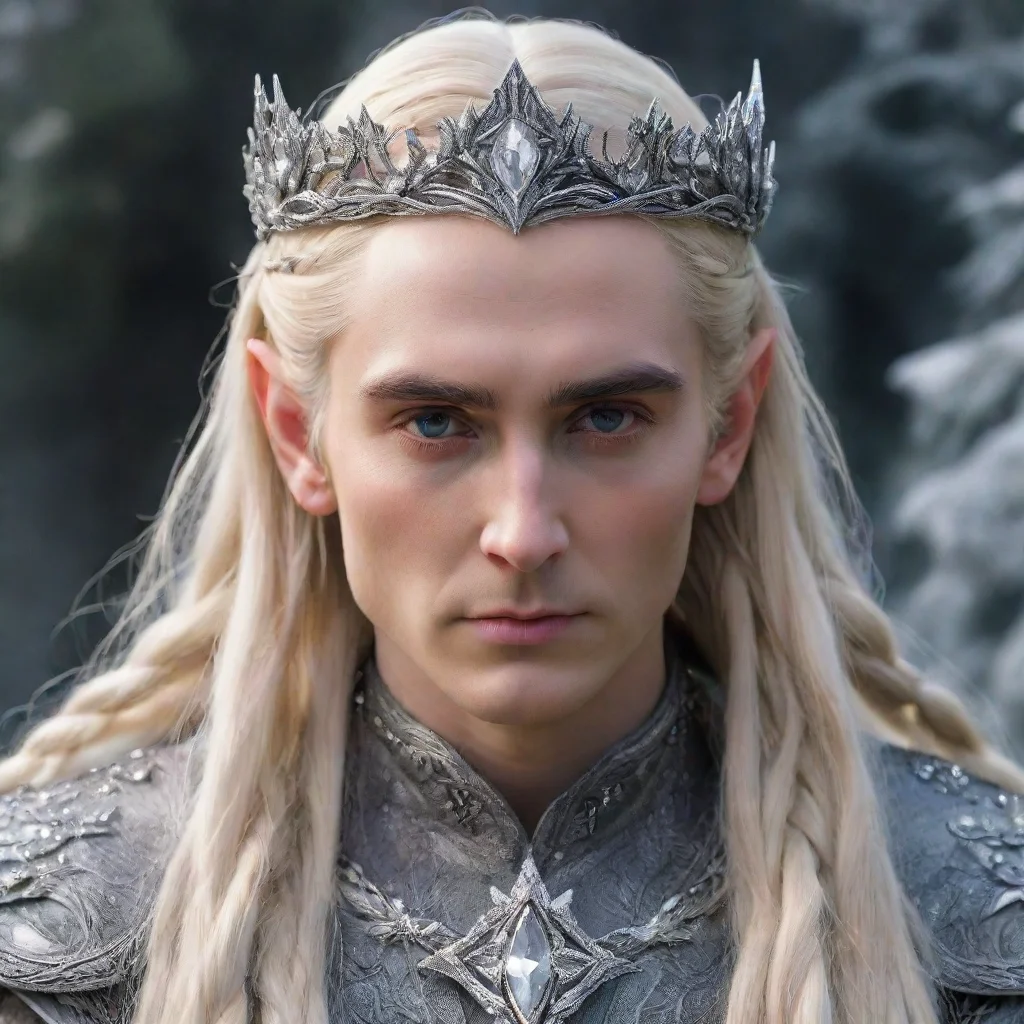 ai  king thranduil with blond hair and braids wearing silver flower encrusted with diamonds forming a silver elvish circlet