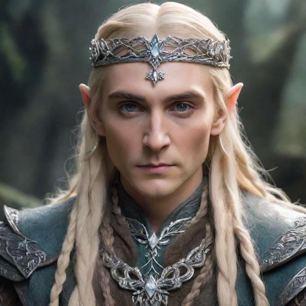  king thranduil with blond hair and braids wearing silver flower serpentine sindarin elvish circlet encrusted with diamo