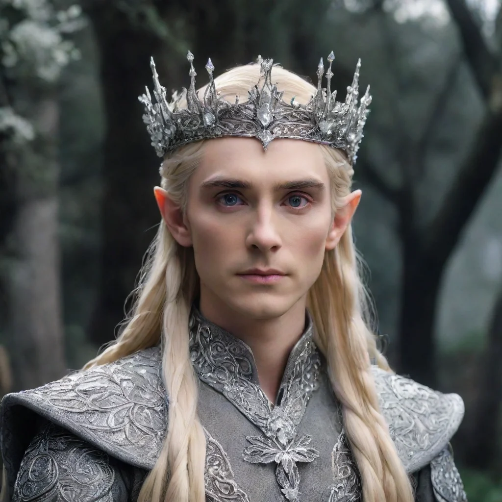   king thranduil with blond hair and braids wearing silver flowers encrusted with diamonds to form a silver elvish corone