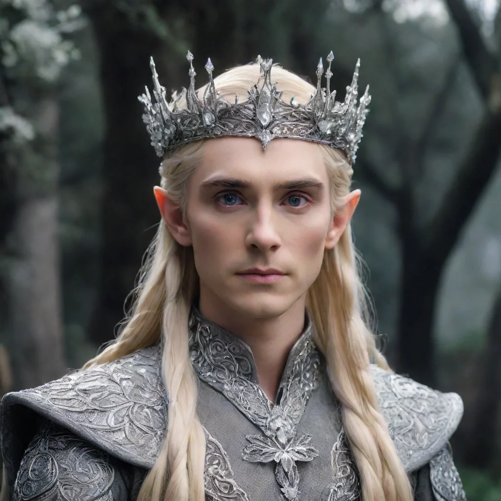  king thranduil with blond hair and braids wearing silver flowers encrusted with diamonds to form a silver elvish corone