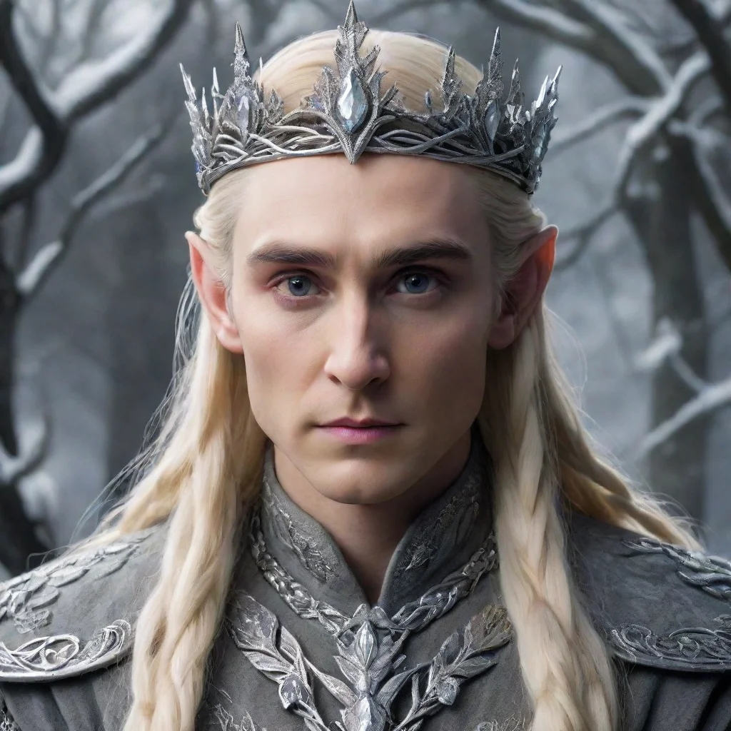  king thranduil with blond hair and braids wearing silver holly leaves encrusted with diamonds and large round diamond c