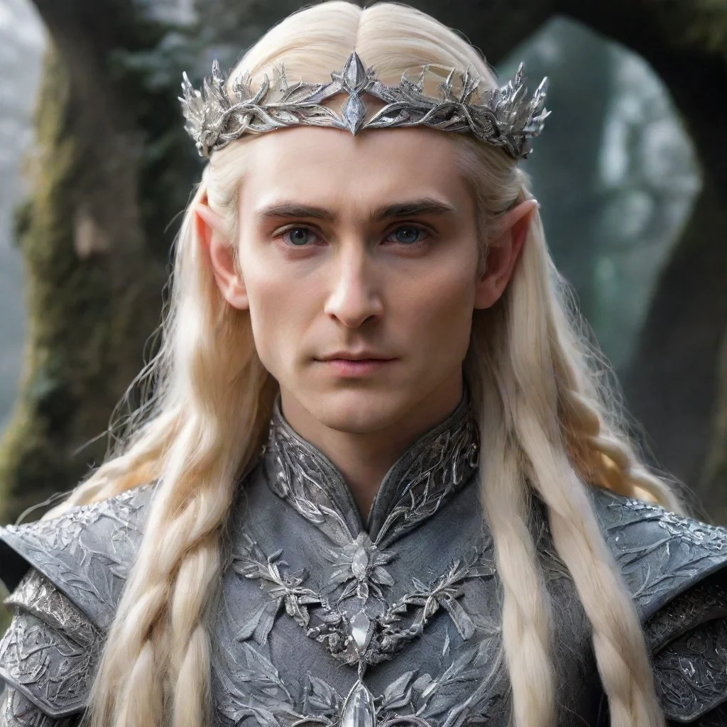   king thranduil with blond hair and braids wearing silver holly leaves encrusted with diamonds with clusters of diamond 