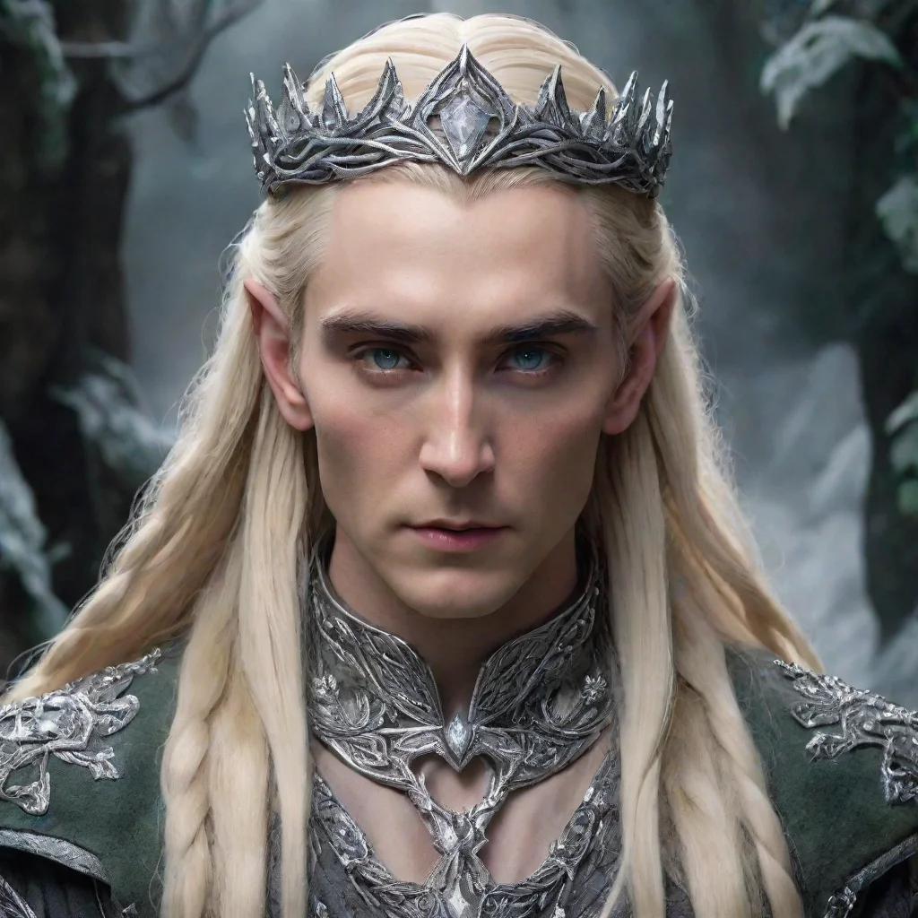 ai  king thranduil with blond hair and braids wearing silver ivy encrusted with diamonds to form a silver elvish cirlcet wi