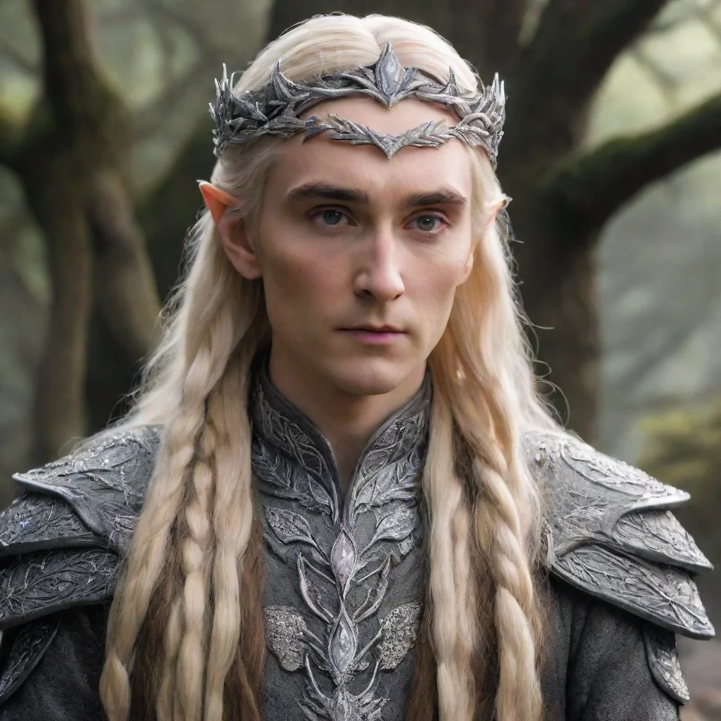 ai  king thranduil with blond hair and braids wearing silver oak leaf encrusted with diamonds forming a silver serpentine e