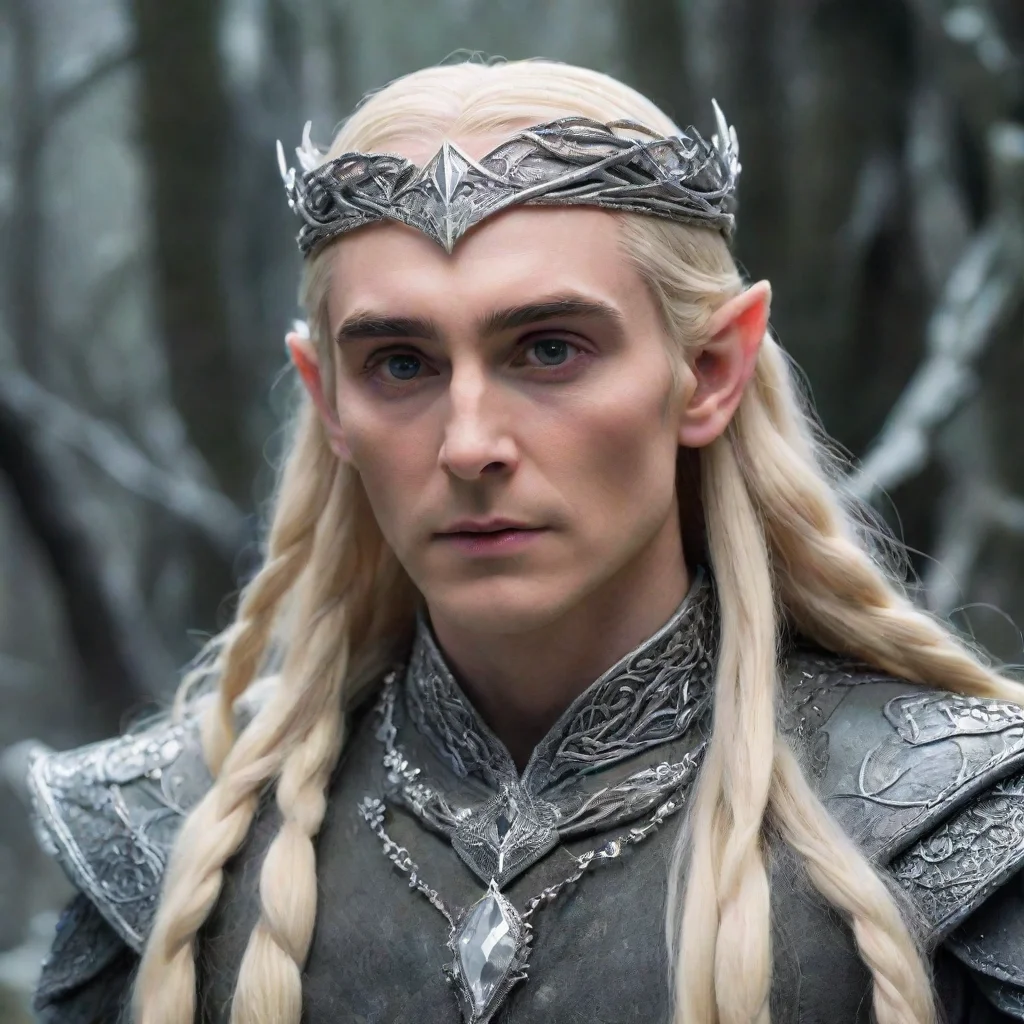 ai  king thranduil with blond hair and braids wearing silver serpentine elvish circlet encrusted with diamonds with large c