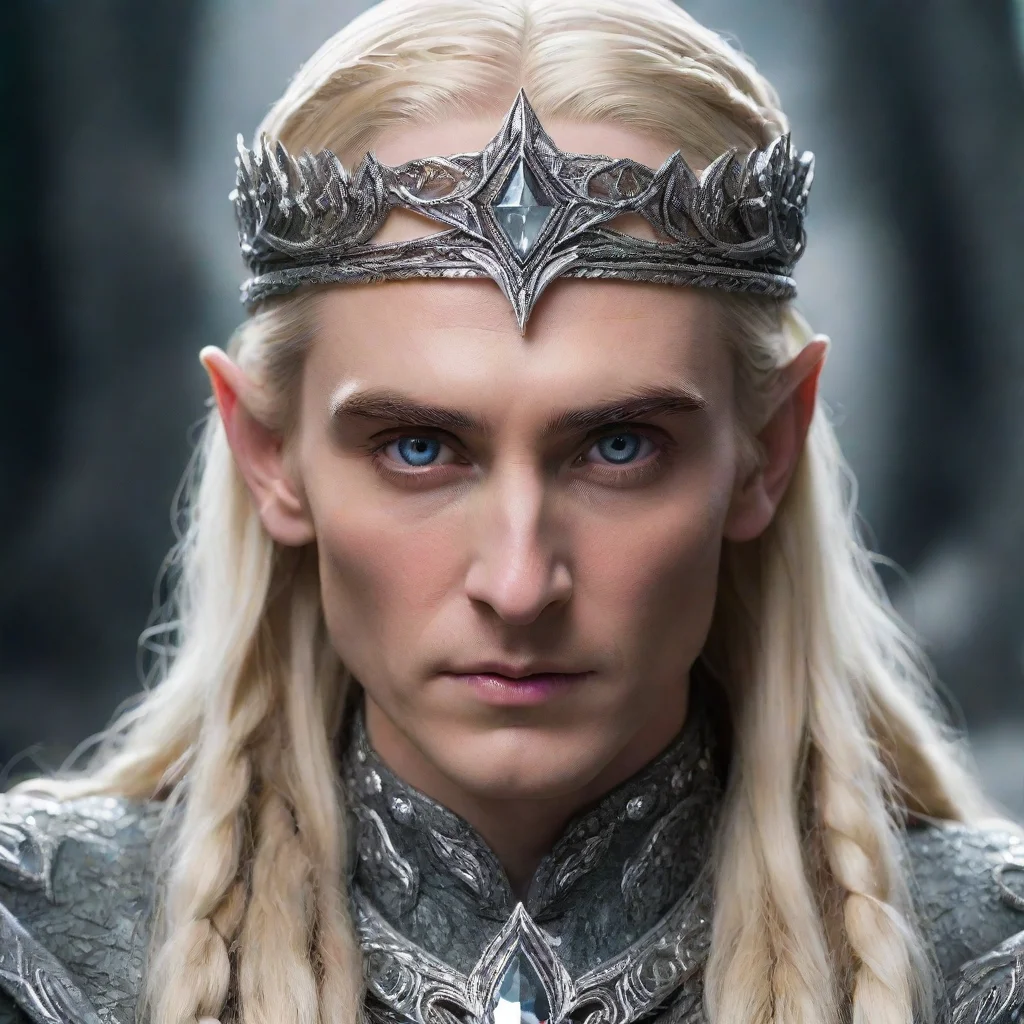  king thranduil with blond hair and braids wearing silver serpentine nandorin elvish circlet encrusted with diamonds wit