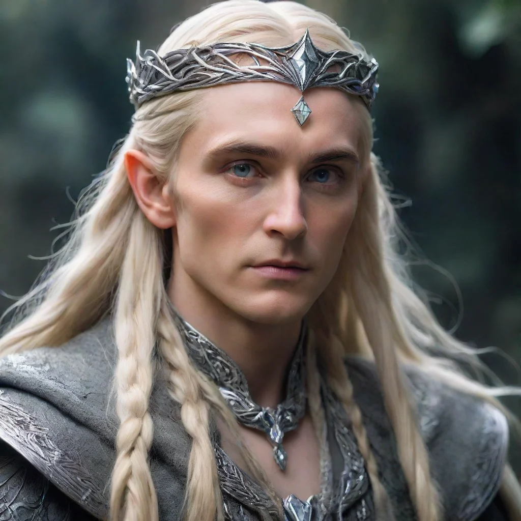   king thranduil with blond hair and braids wearing silver serpentine sindarin elvish circlet with large center diamond a