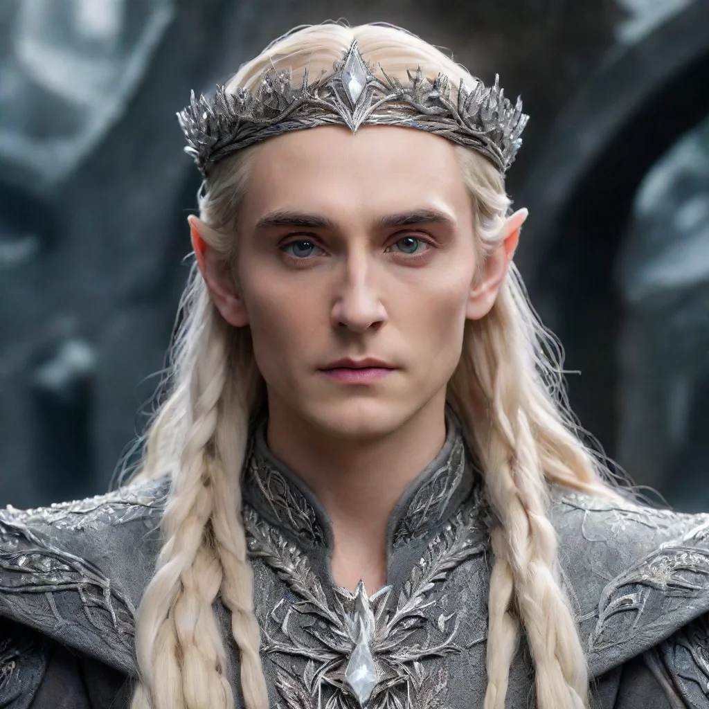  king thranduil with blond hair and braids wearing silver twigs encrusted with diamonds with clusters of diamonds formin