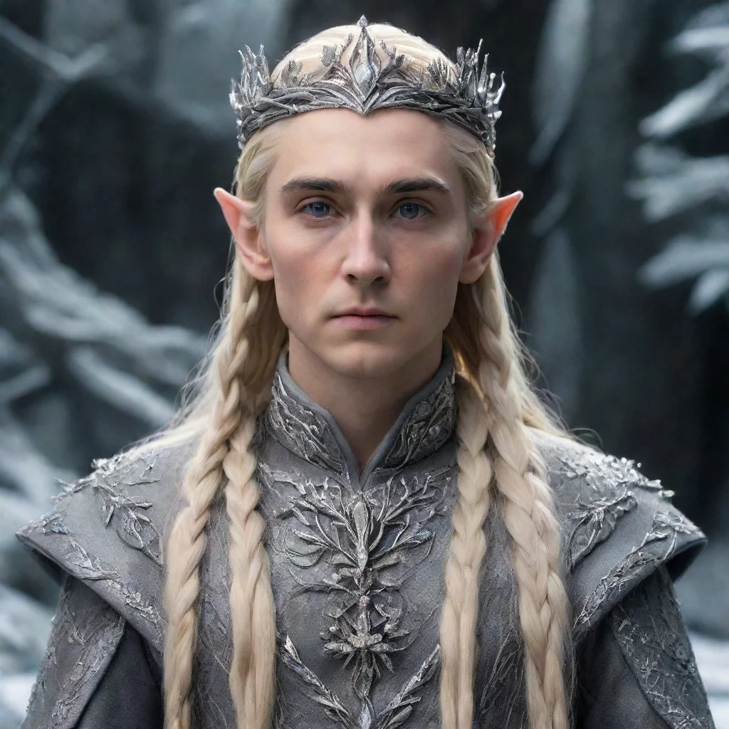 ai  king thranduil with blond hair and braids wearing silver twigs encrusted with diamonds with small silver flowers encrus