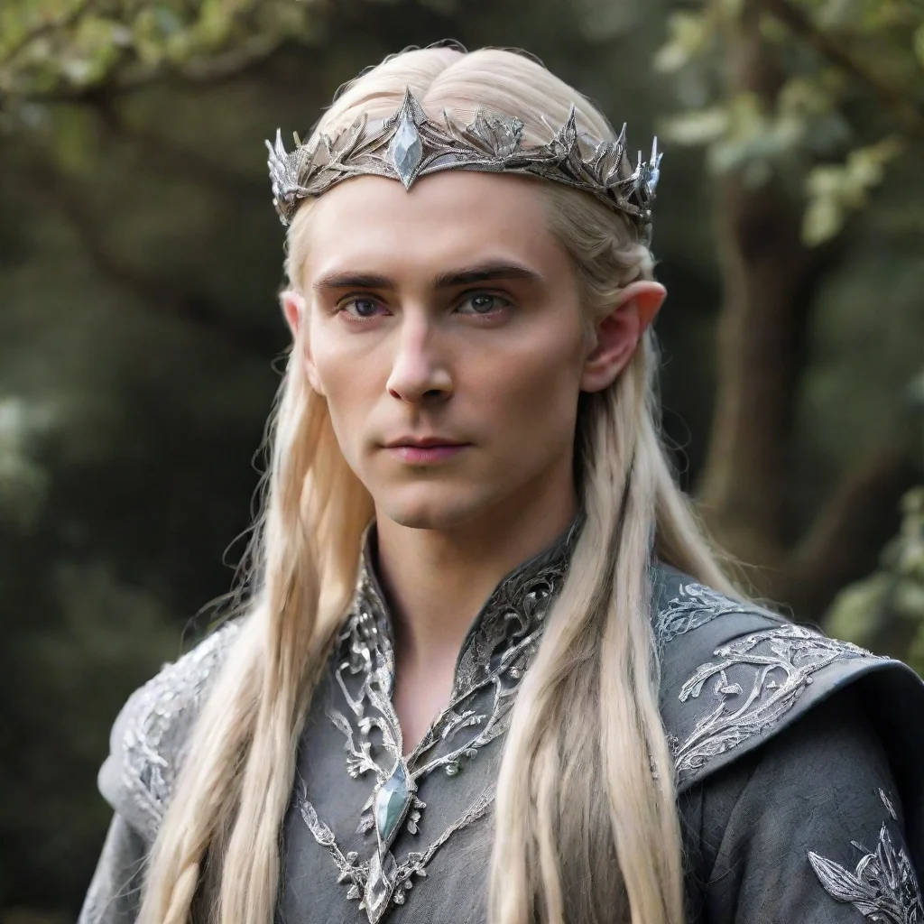  king thranduil with blond hair and braids wearing silver vines encrusted with diamonds forming a silver elvish circlet 