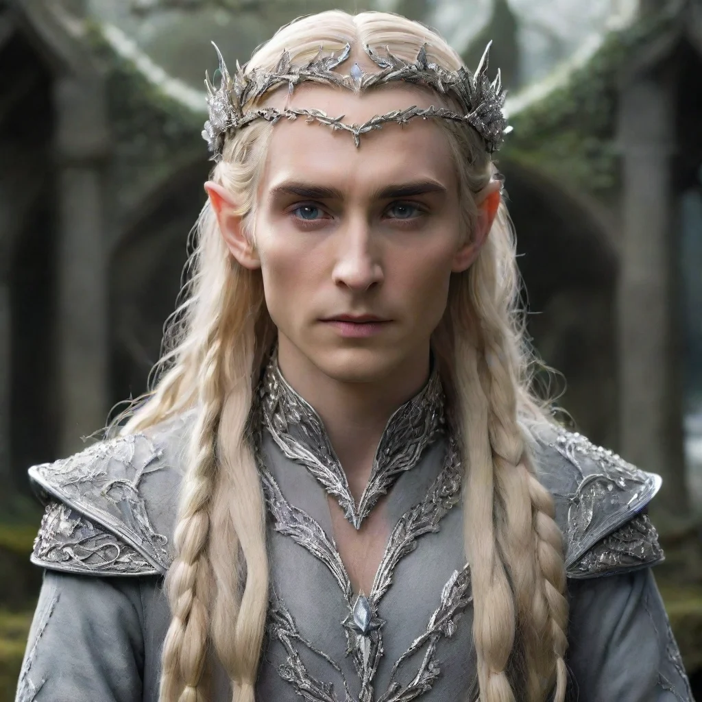  king thranduil with blond hair and braids wearing silver vines encrusted with diamonds with silver flowers encrusted wi