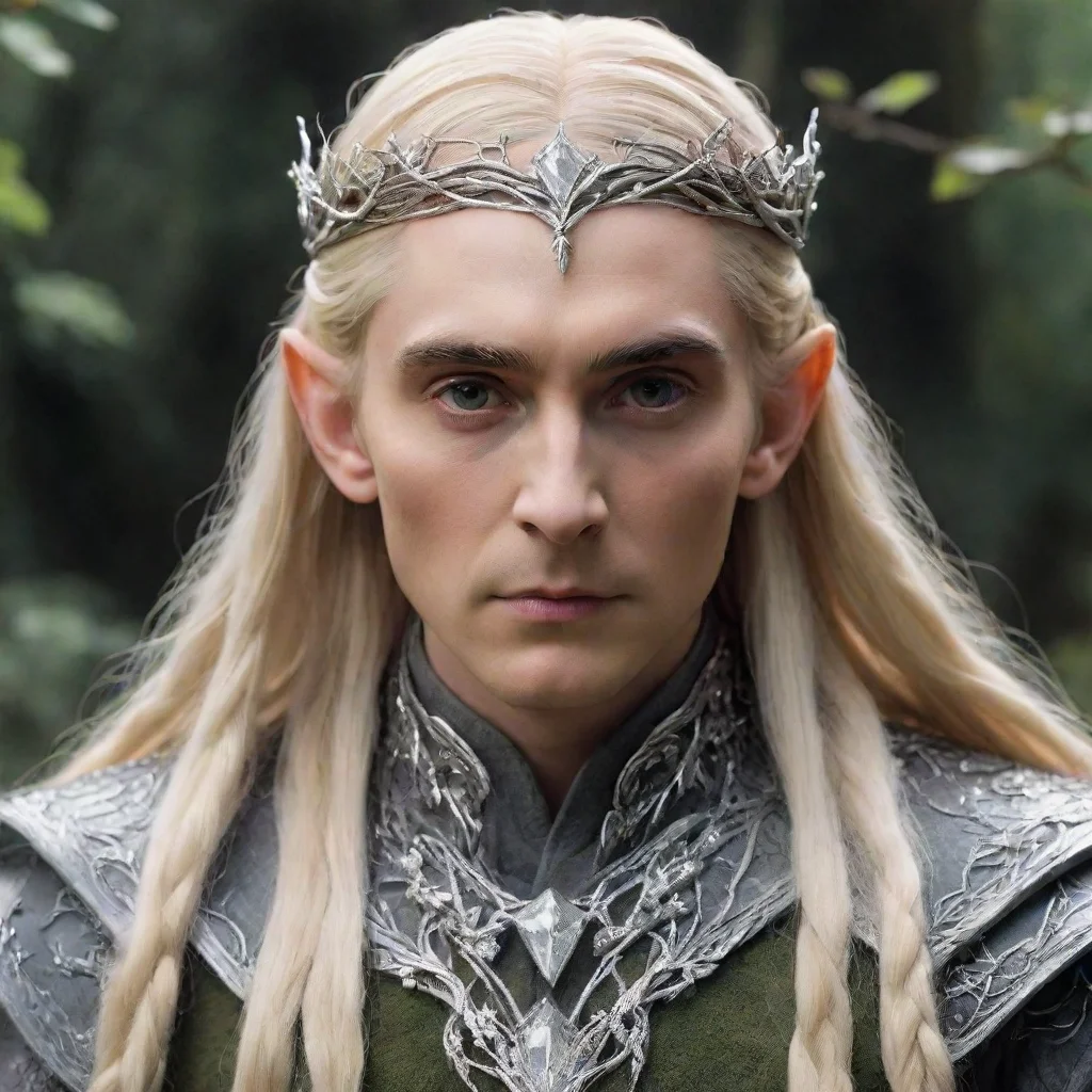 ai  king thranduil with blond hair and braids wearing silver vines will small silver leaves encrusted with diamonds to make