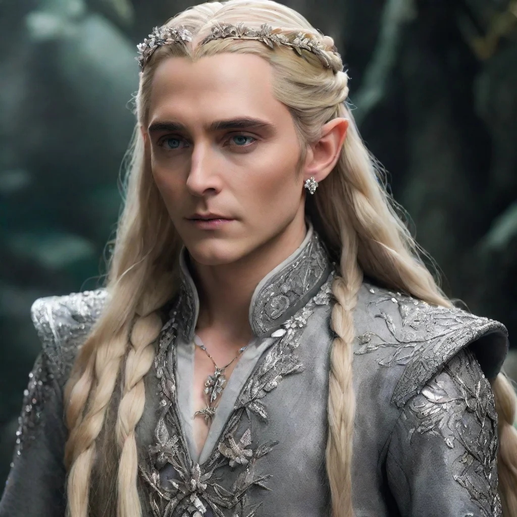 ai  king thranduil with blond hair and braids wearing small silver flowers encrusted with diamonds and small silver leaves 