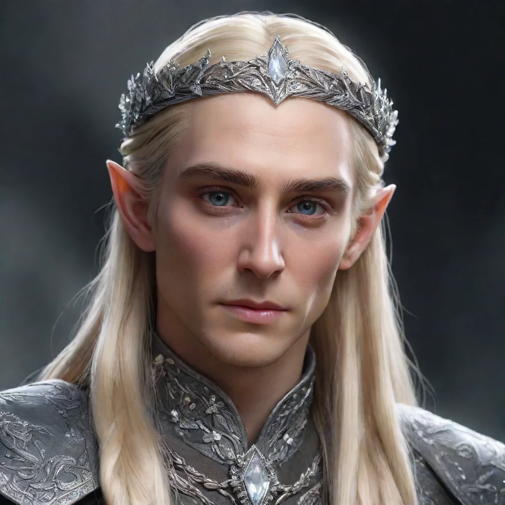   king thranduil with blond hair and braids wearing small silver flowers encrusted with diamonds to form a small silver e