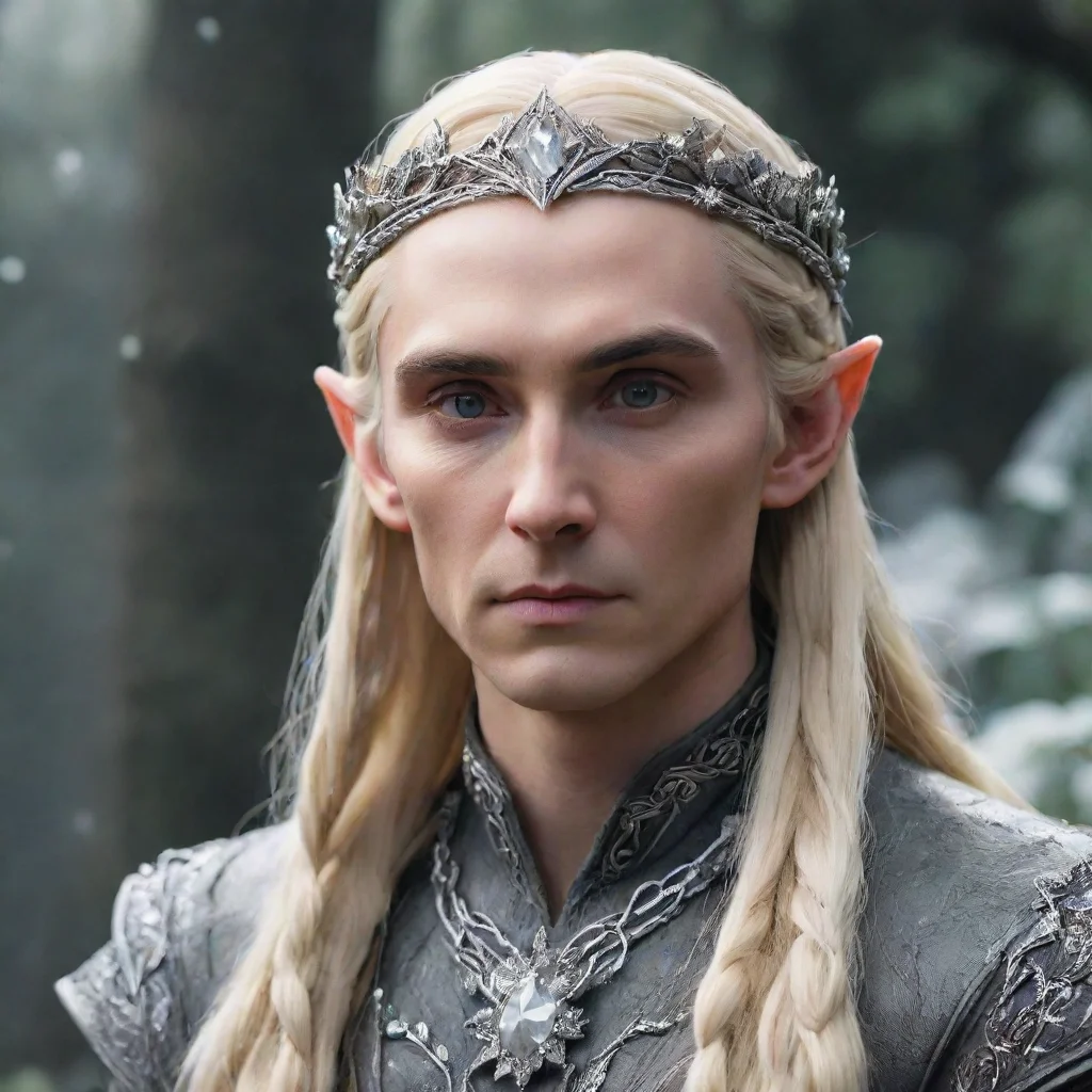 ai  king thranduil with blond hair and braids wearing small silver flowers encrusted with diamonds to form small silver elv