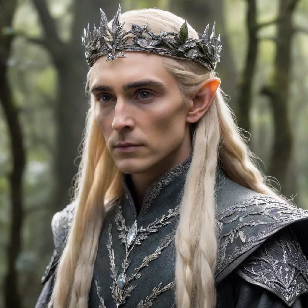 ai  king thranduil with blond hair and braids wearing small silver ivy leaves encrusted with diamonds to form a small silve