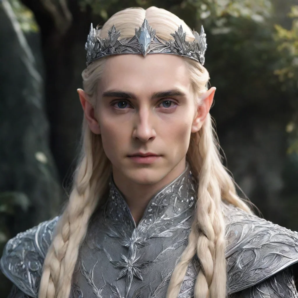 ai  king thranduil with blond hair and braids wearing small silver leaves encrusted with diamonds and small silver flowers 