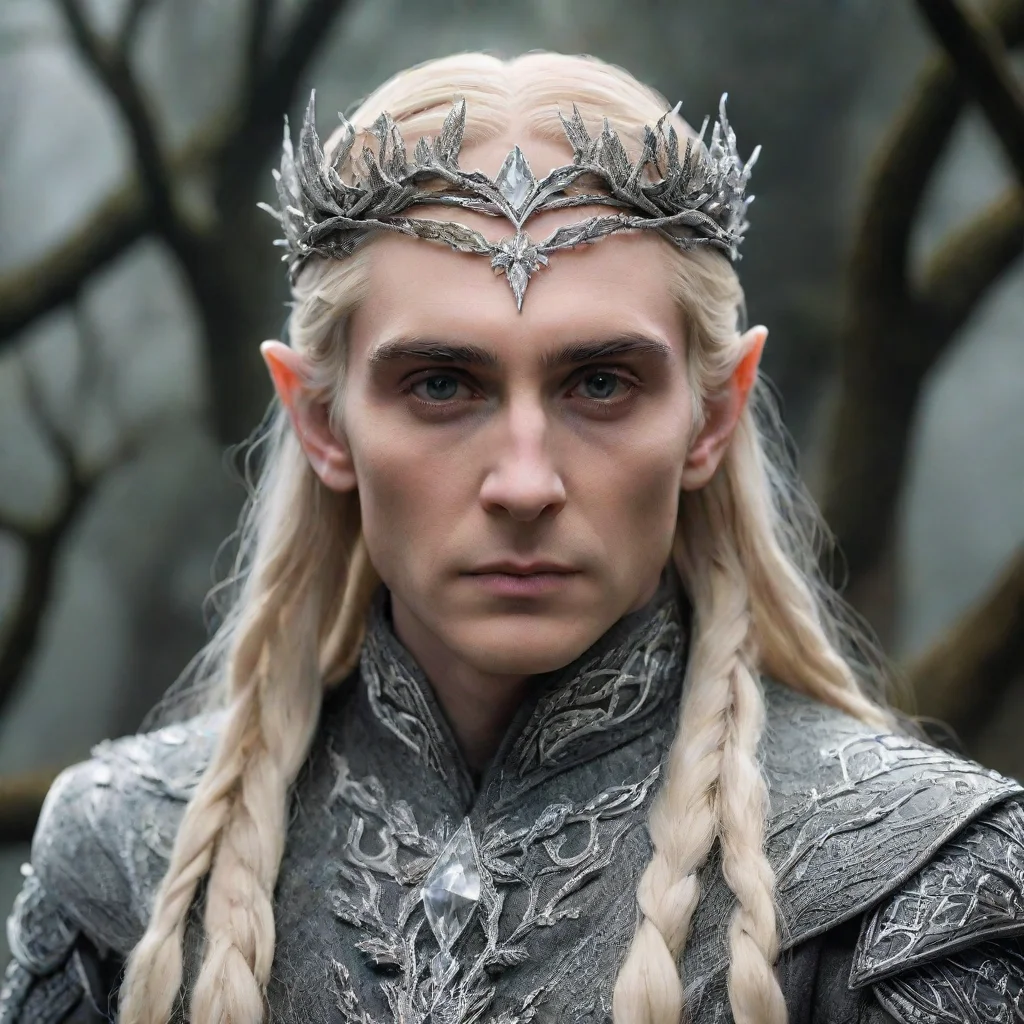 ai  king thranduil with blond hair and braids wearing small silver leaves encrusted with diamonds intertwined to form a sil