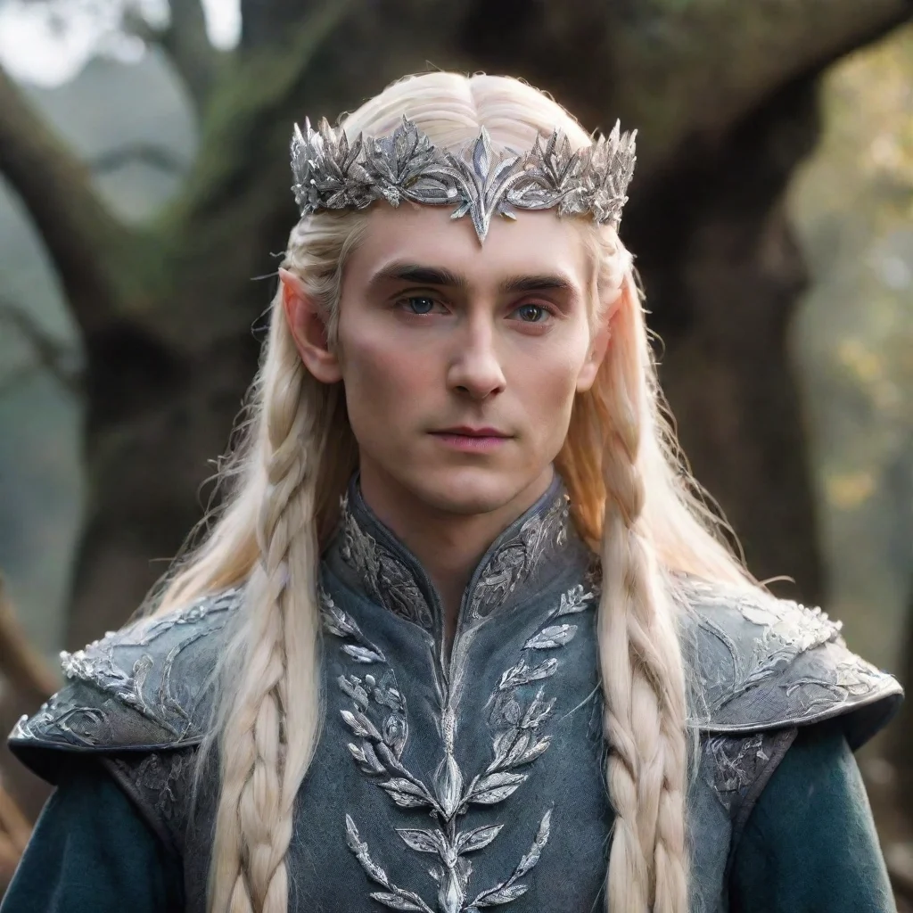 ai  king thranduil with blond hair and braids wearing small silver leaves encrusted with diamonds intertwined to form a sma