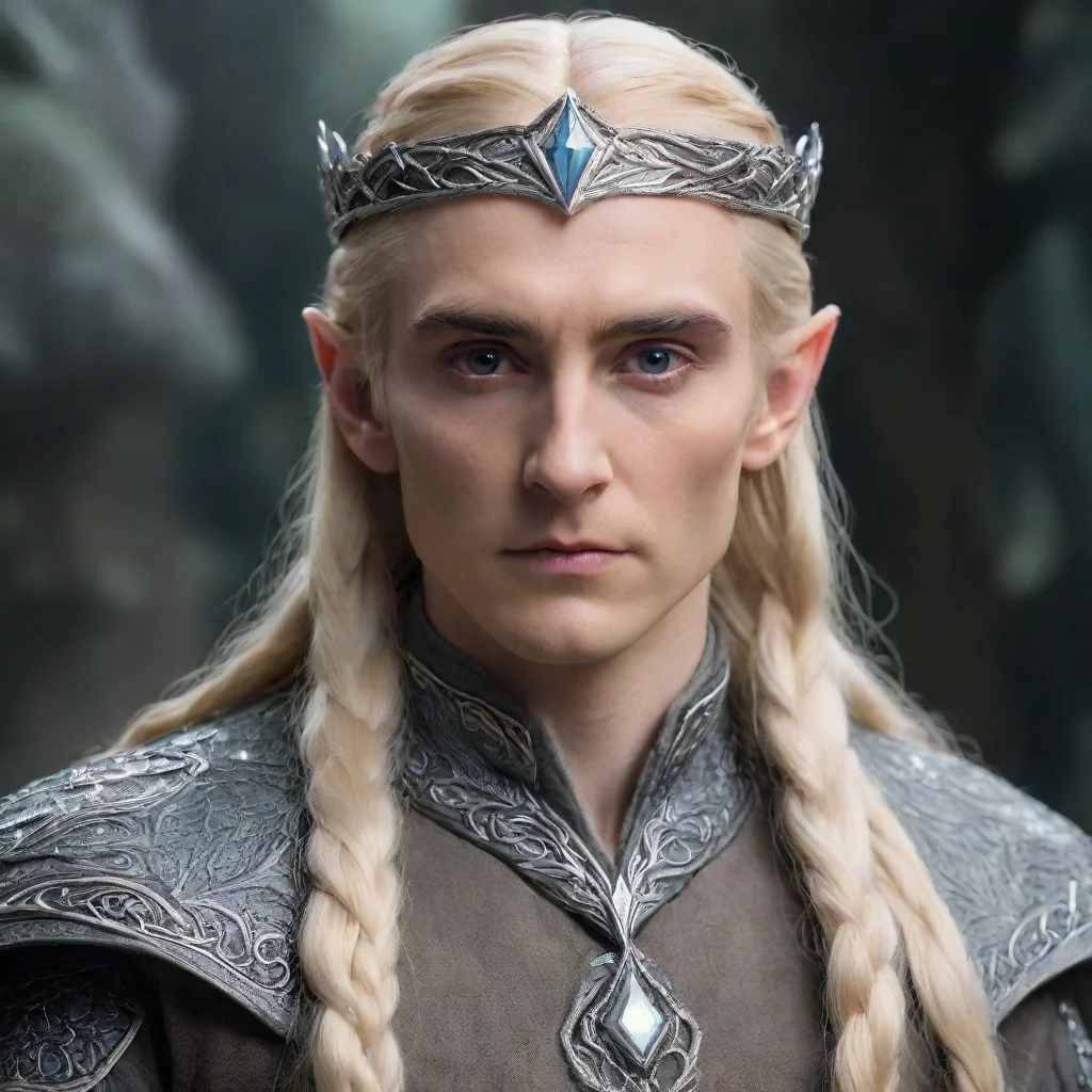 ai  king thranduil with blond hair and braids wearing small silver serpentine elvish circlet with large center diamond 