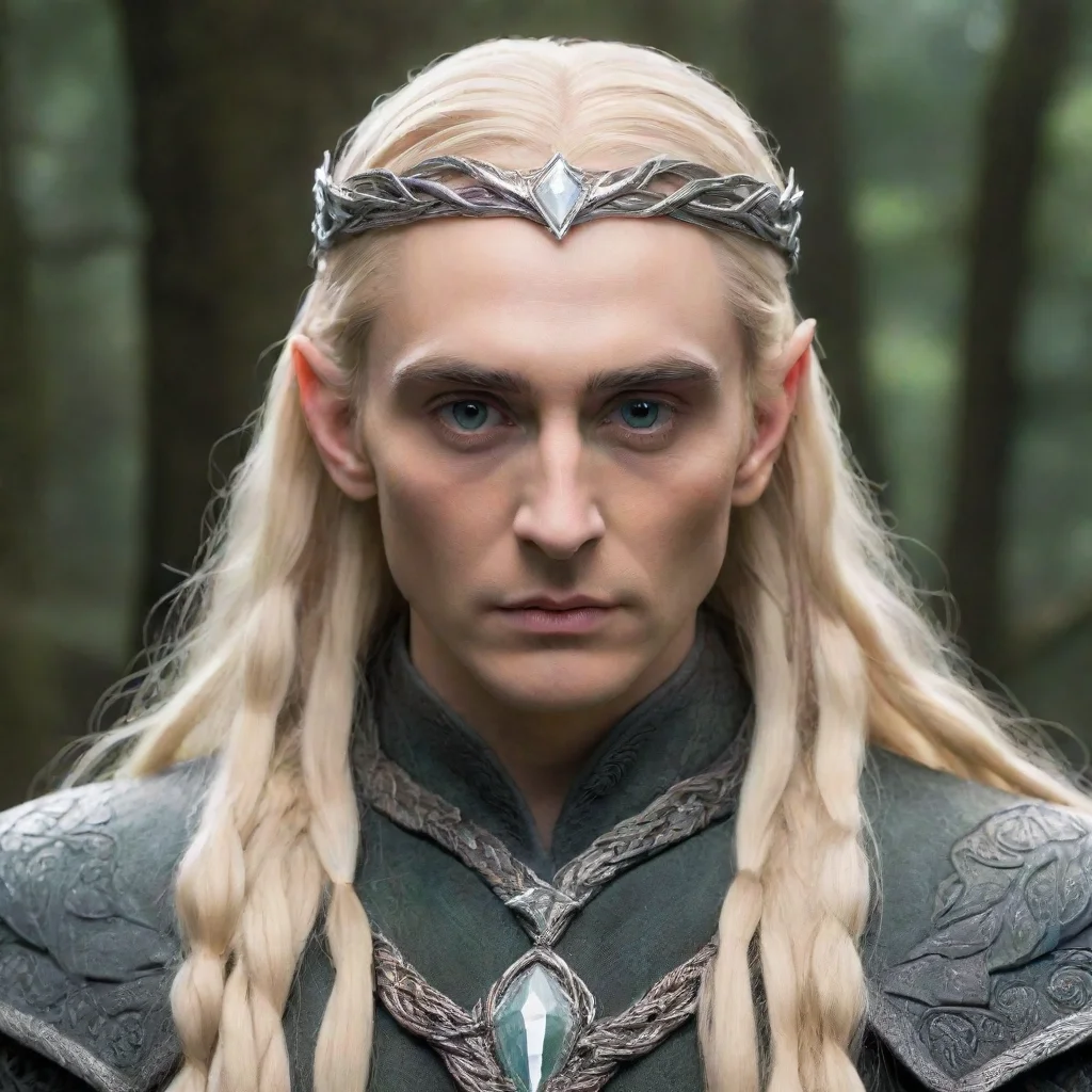 ai  king thranduil with blond hair and braids wearing small silver serpentine elvish circlet with large center diamond