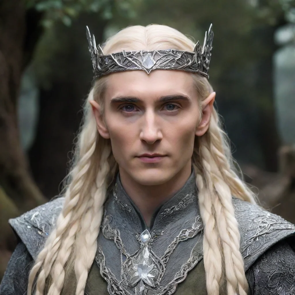  king thranduil with blond hair and braids wearing small silver serpentine nandorin elvish circlet with large center dia