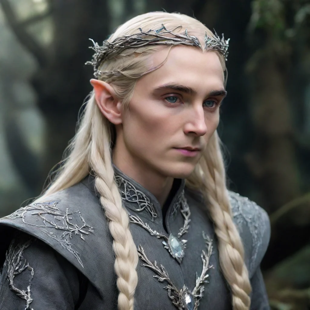   king thranduil with blond hair and braids wearing small silver vines intertwined and encrusted with diamonds to form a 