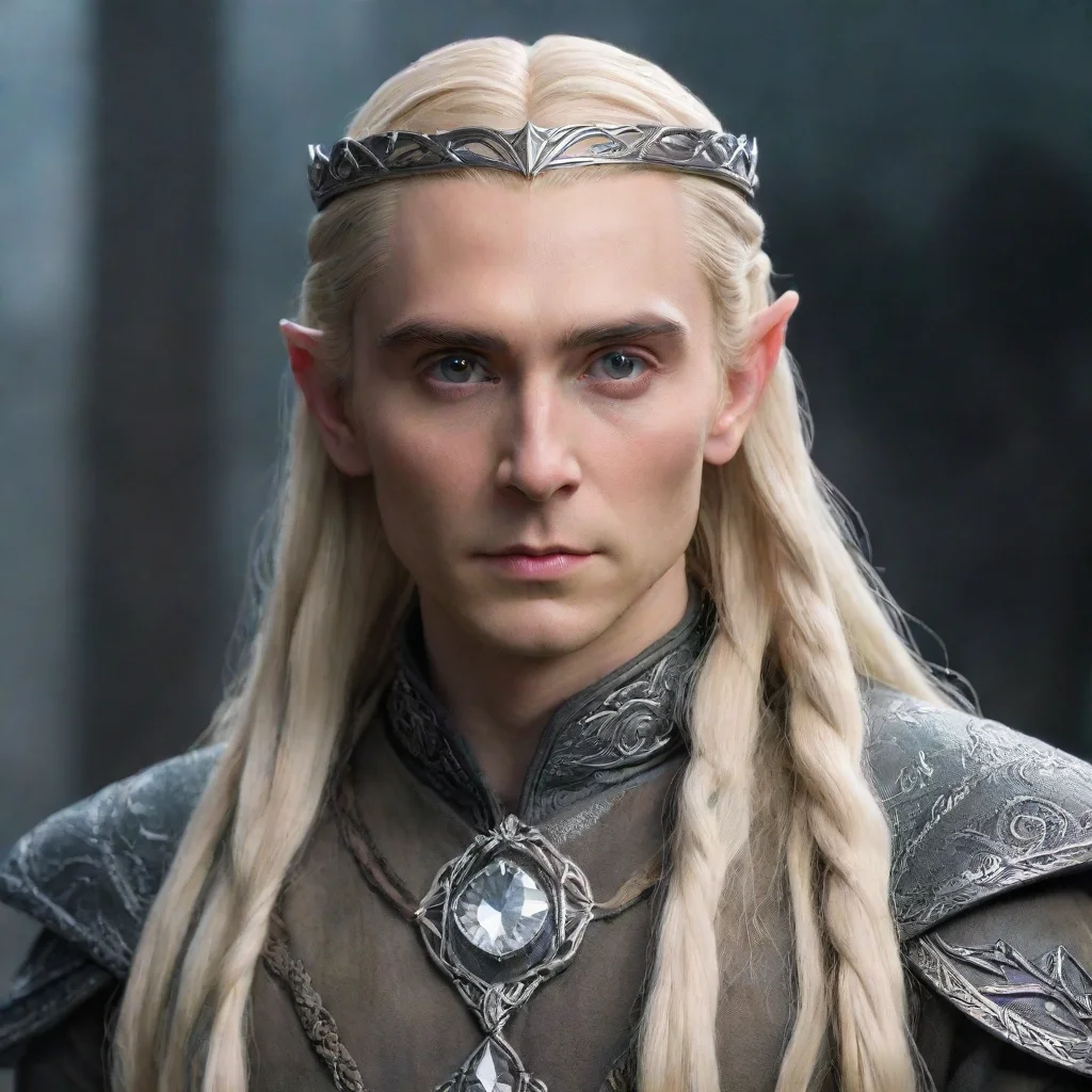  king thranduil with blond hair and braids wearing small thin silver elvish circlet with large center circular diamond 