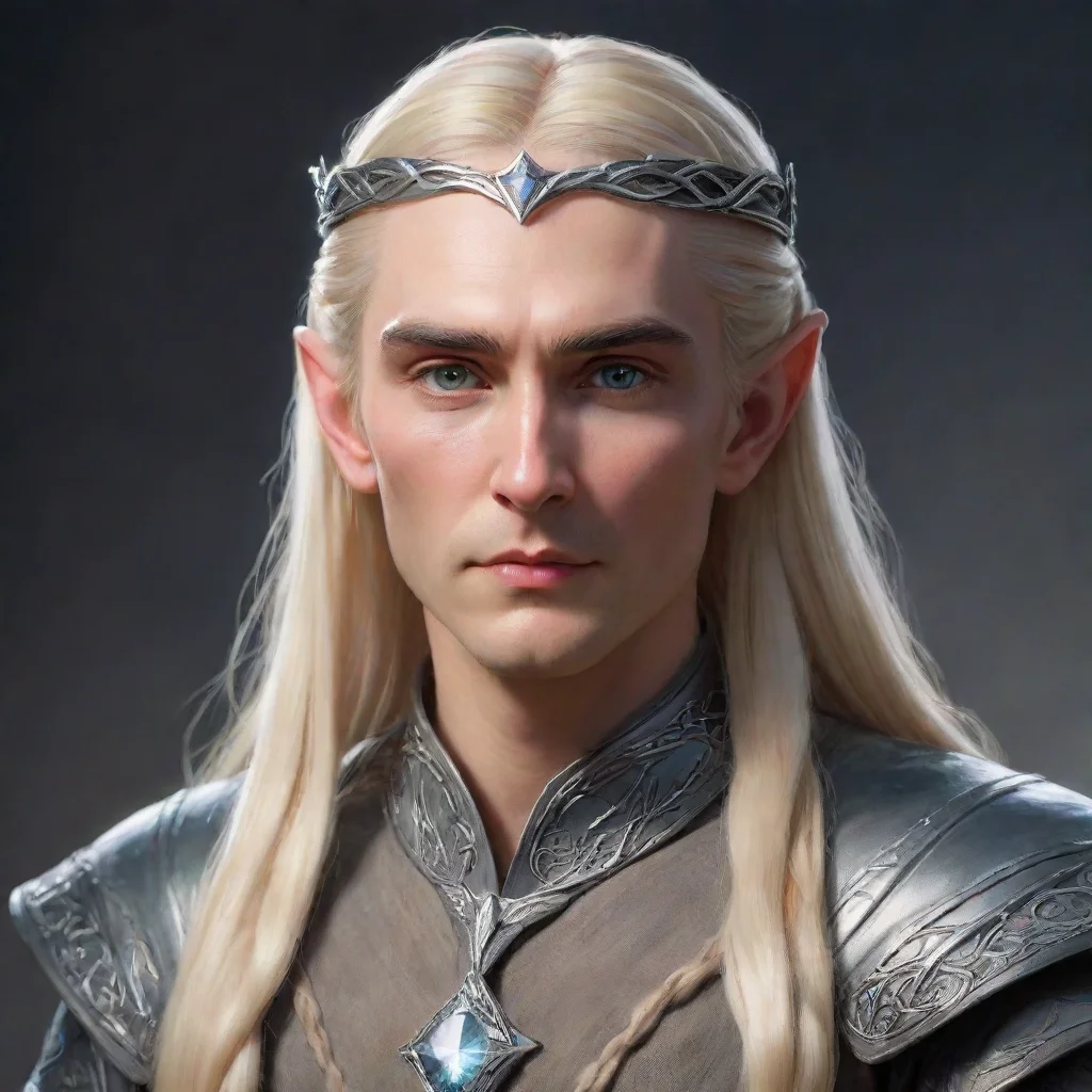 ai  king thranduil with blond hair and braids wearing small thin silver elvish circlet with large center circular diamondco