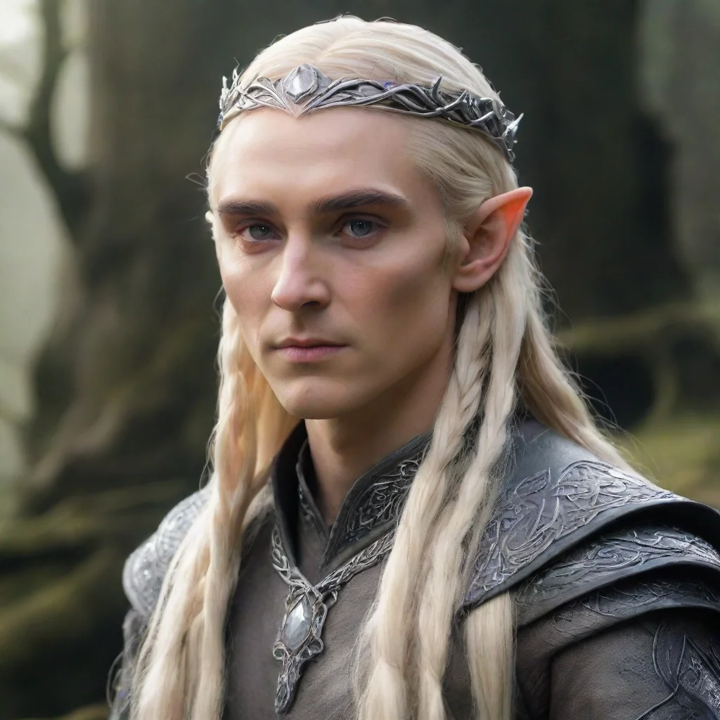   king thranduil with blond hair and braids wearing small thin silver elvish circlet with large center circular diamondgo