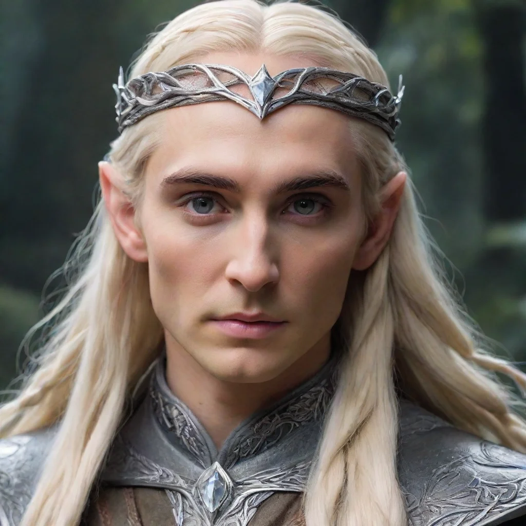   king thranduil with blond hair and braids wearing small thin silver elvish circlet with large center leaf shaped diamon