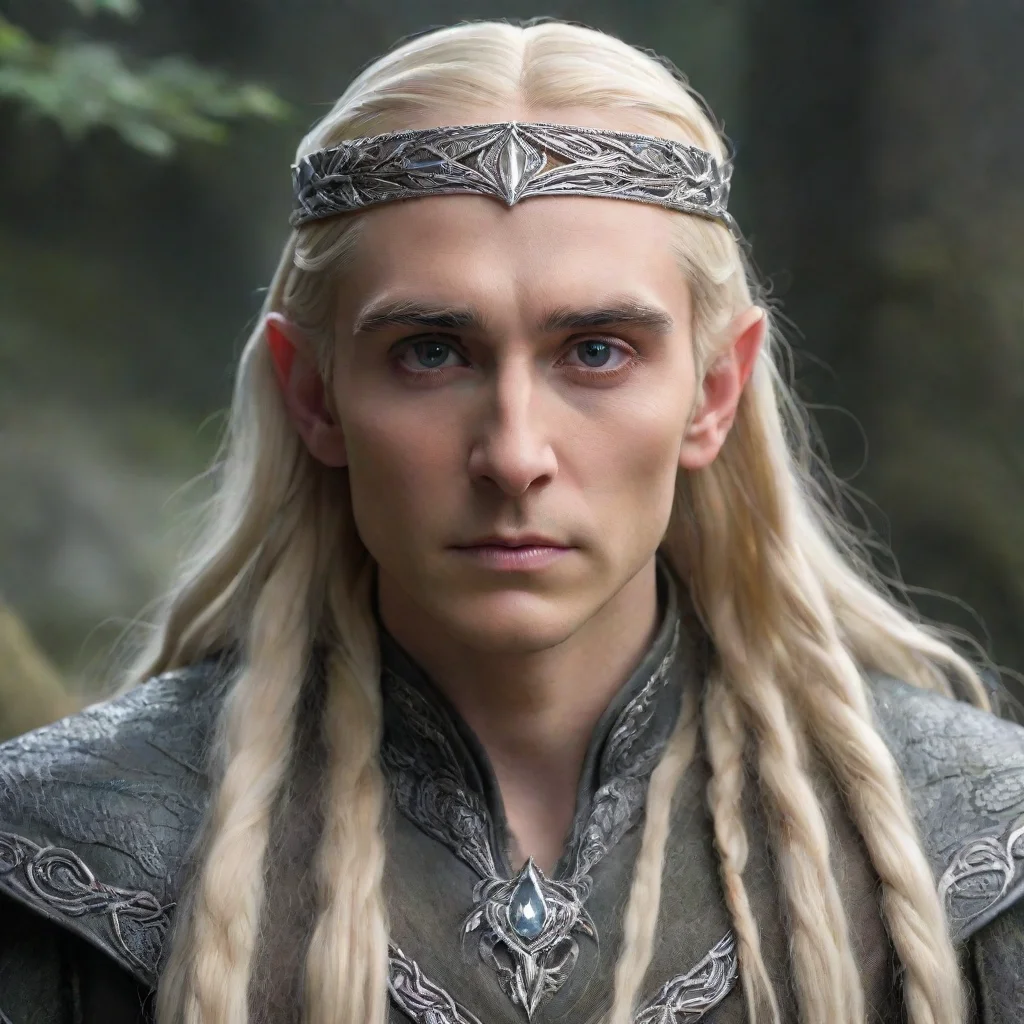   king thranduil with blond hair and braids wearing small thin silver serpentine elvish circlet with large center diamond