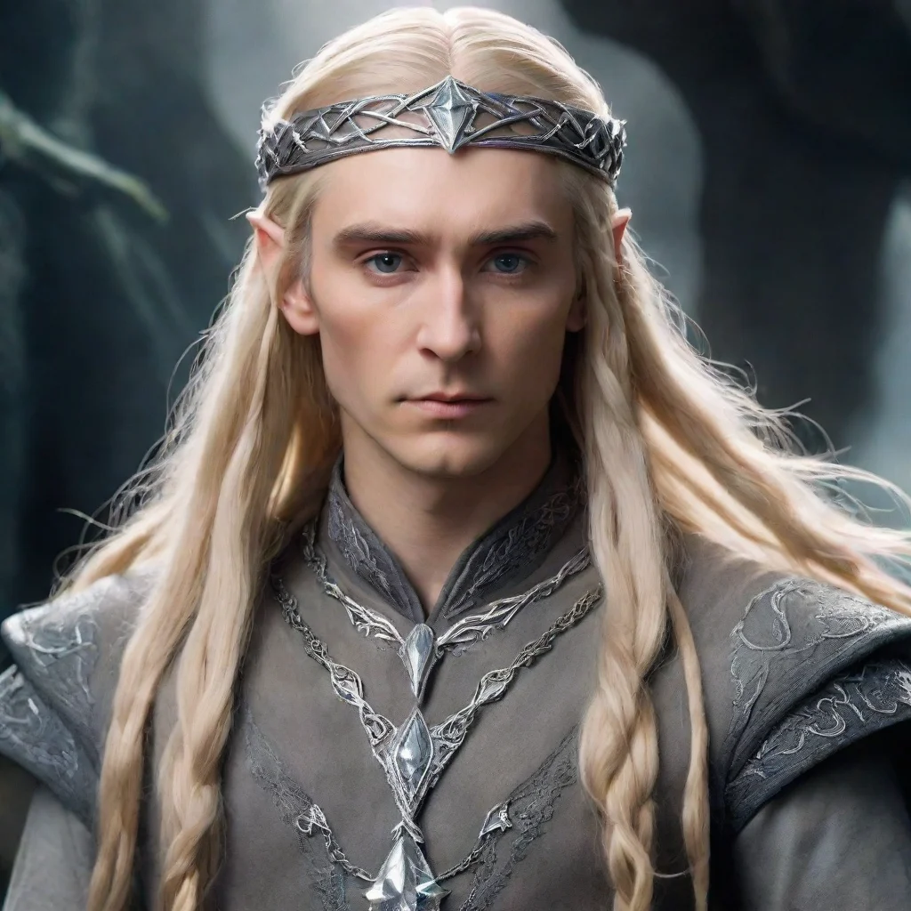ai  king thranduil with blond hair and braids wearing the hobbit silver elvish circlet with large center diamond amazing aw