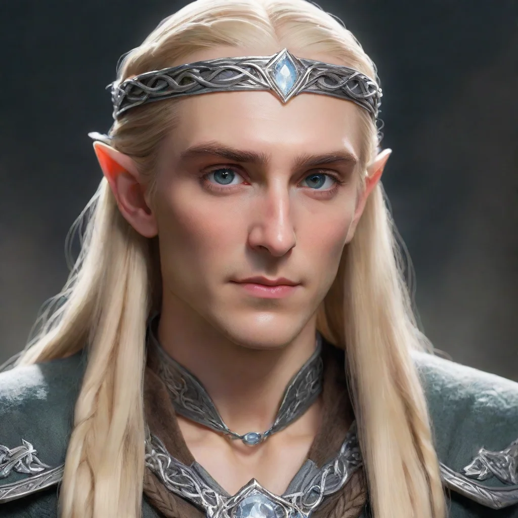 ai  king thranduil with blond hair and braids wearing the hobbit silver elvish circlet with large center diamond confident 