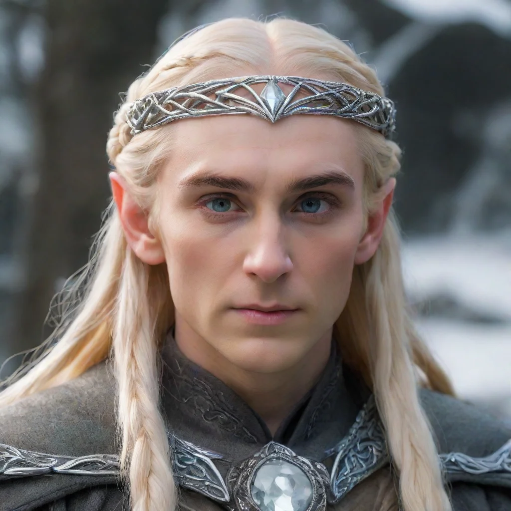 ai  king thranduil with blond hair and braids wearing the hobbit silver elvish circlet with large center diamond