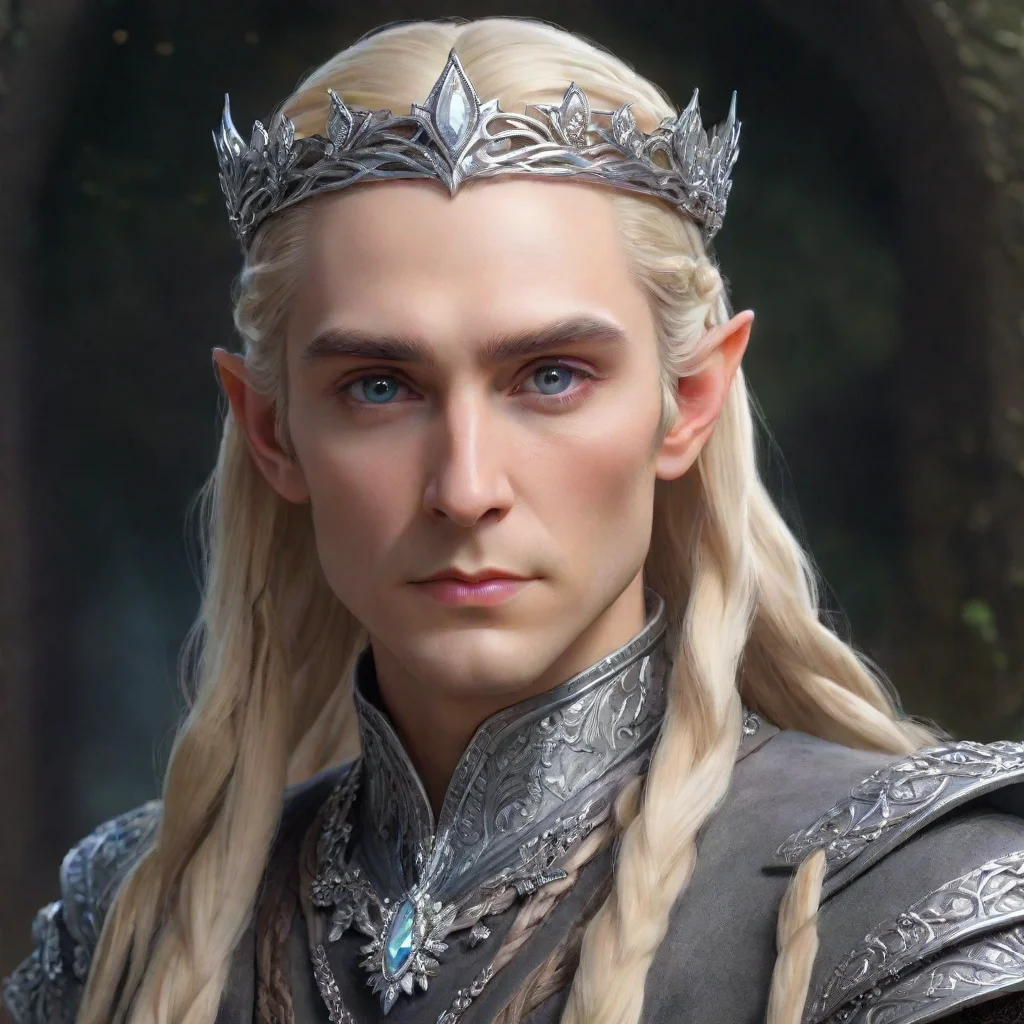 ai  king thranduil with blond hair with braids s wearing silver flower elvish circlet encrusted with diamonds confident eng