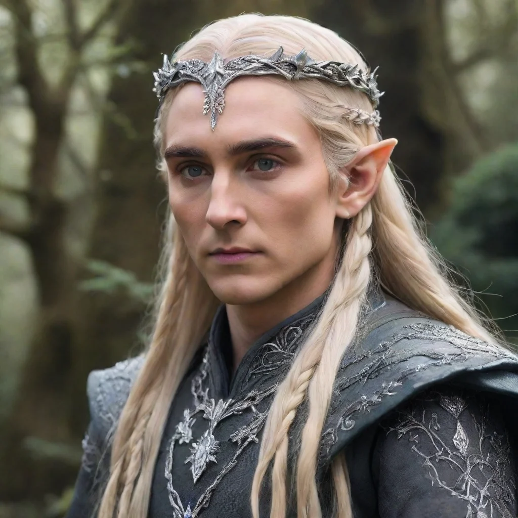   king thranduil with blond hair with braids s wearing silver flower elvish circlet encrusted with diamonds good looking 