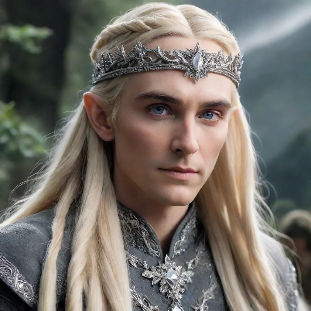 ai  king thranduil with blond hair with braids wearing silver flower elvish circlet encrusted with diamonds with large cent
