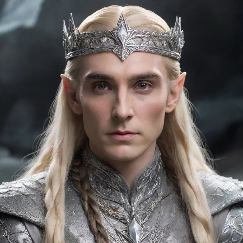   king thranduil with blond hair with braids wearing silver leaf circlet with diamonds