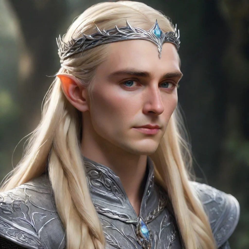   king thranduil with blond hair with braids wearing silver leaf elvish circlet with diamonds confident engaging wow arts